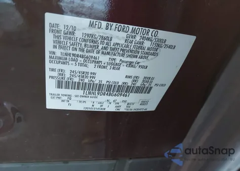 2011 Lincoln Mks z USA, uszkodzony, nr VIN 1LNHL9DR4BG609461